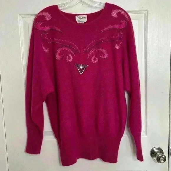 VINTAGE CEDARS Fuchsia Lambs Wool Blend Dolman Sleeve Crew neck Sweater | size L - Picture 1 of 11
